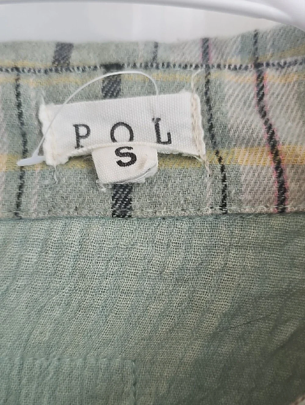 POL Distressed Button-Down Shirt Jacket in Sage Green and Plaid